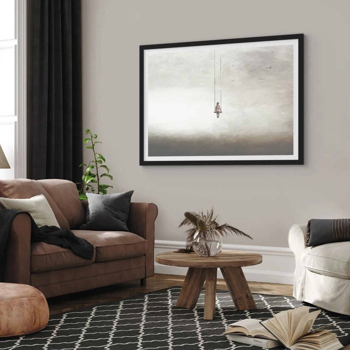 Poster in cornice nera - Una figura su un'altalena sospesa nello spazio - 70x50cm - Il bambino che è in noi - Decorazione murale moderna per soggiorno e camera da letto ARTTOR