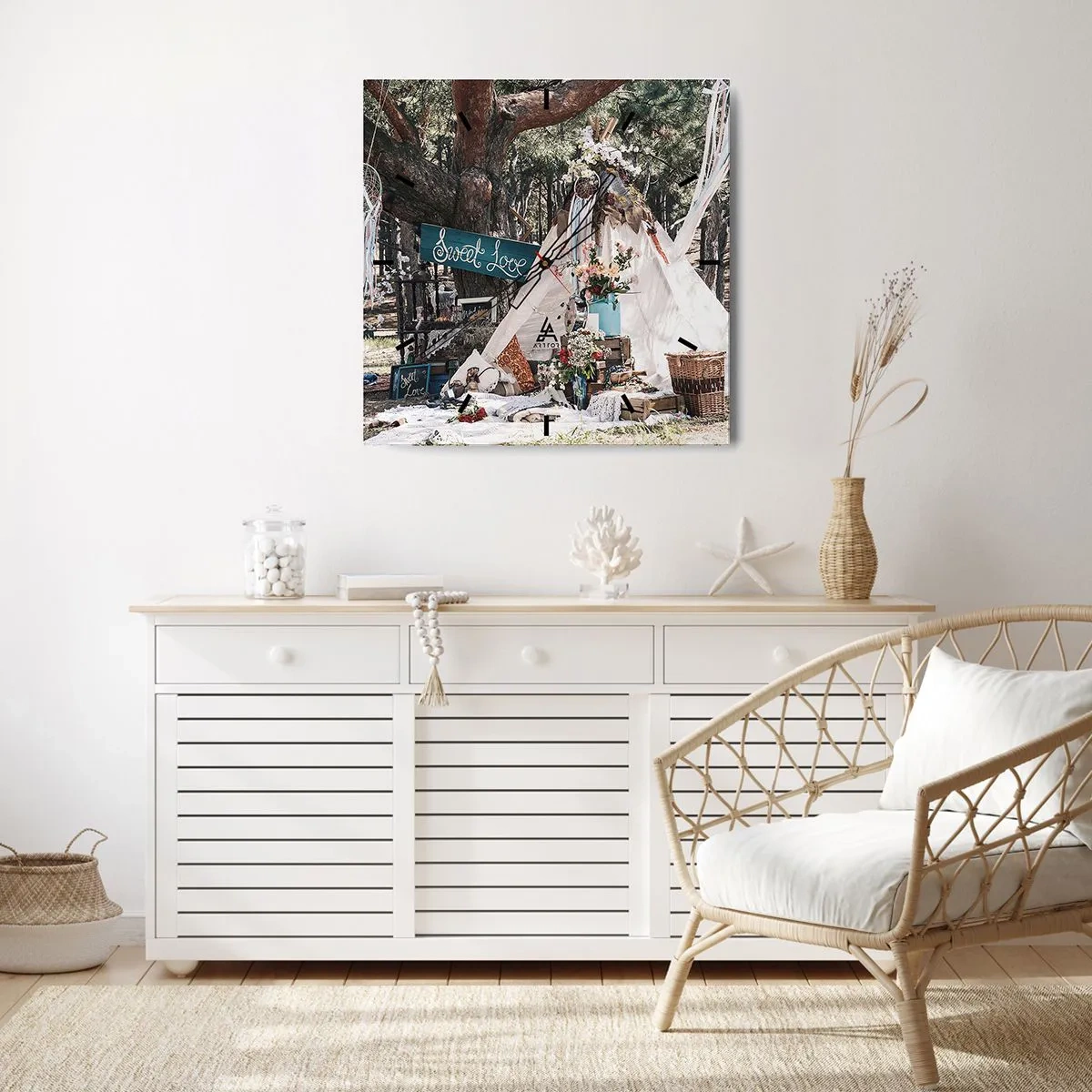 Orologio da parete - Orologio in Vetro - Decorazione boho con un teepee nella foresta - 30x30cm - Make love... - Decorazione murale moderna per soggiorno e camera da letto ARTTOR