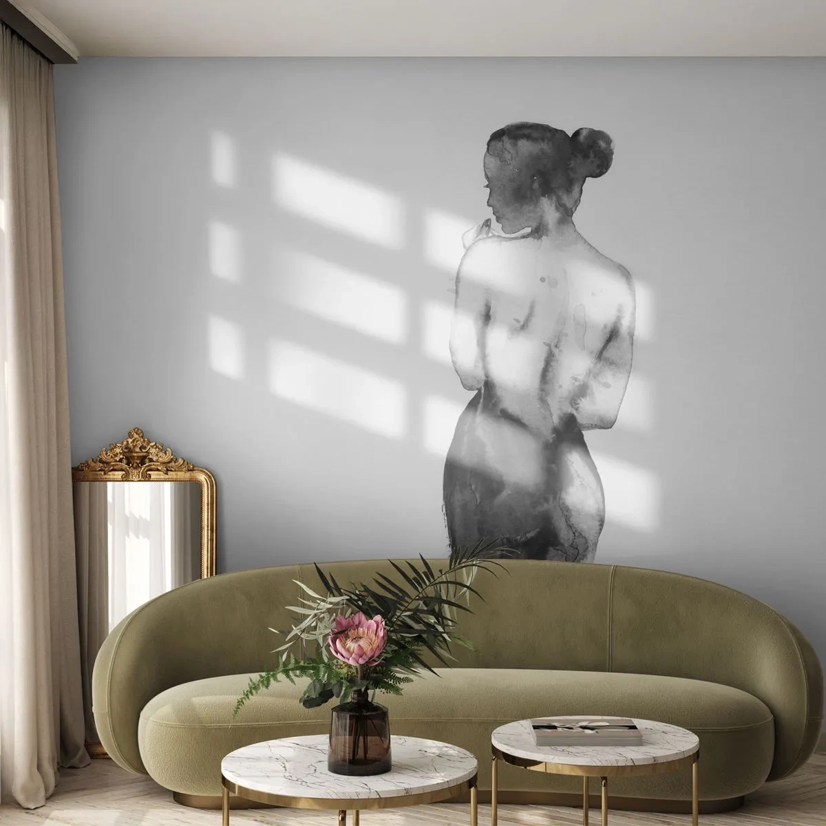 Fotomurali Premium Sand - Silhouette acquerello di una donna in stile monocromatico - 100x70cm - Accanto a lei il mondo scompare - Decorazione murale moderna per soggiorno e camera da letto ARTTOR