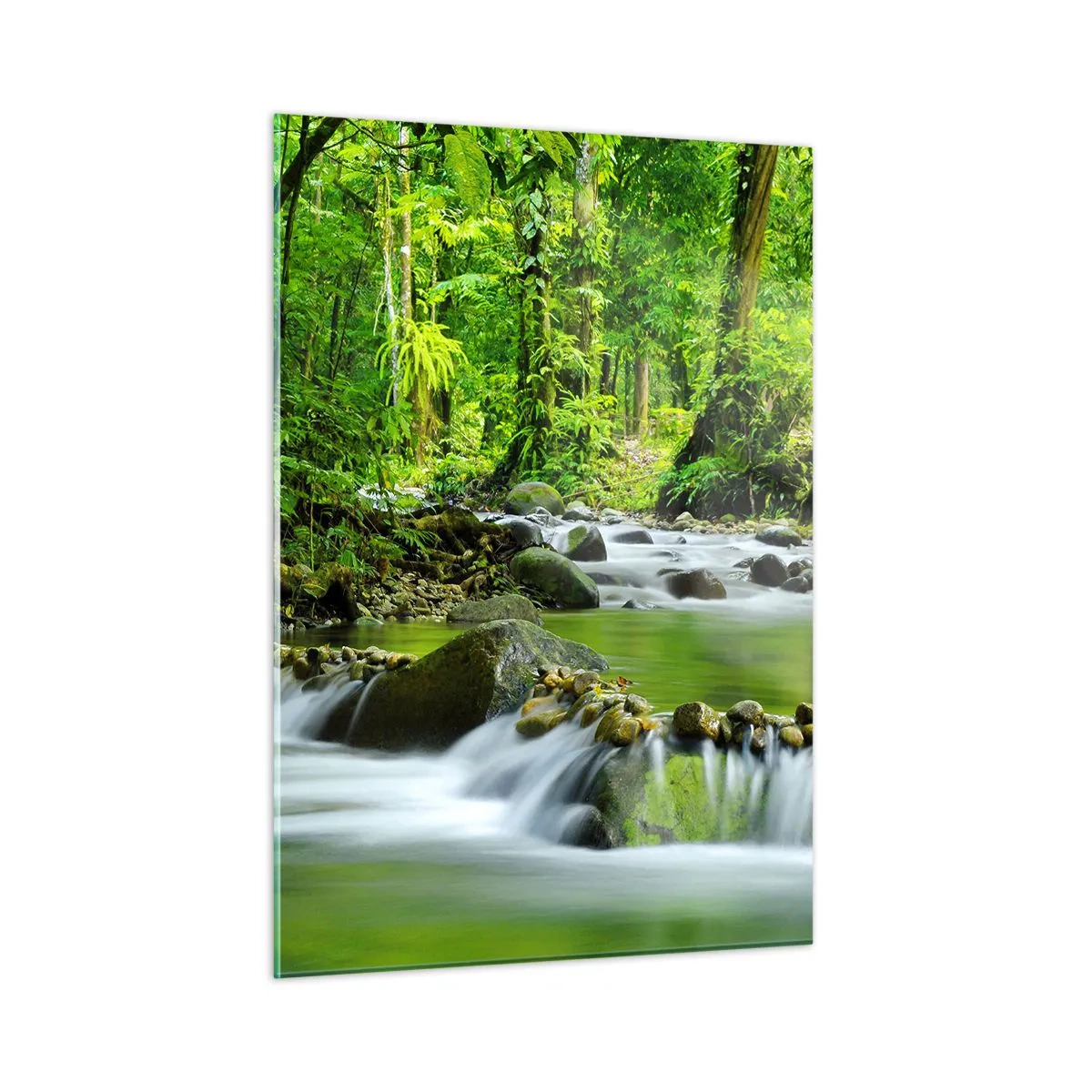 Quadro su vetro - Un ruscello nella foresta circondato da una vegetazione lussureggiante - 50x70cm - Fluttuando in un mare di verde - Decorazione murale moderna per soggiorno e camera da letto ARTTOR