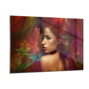 Quadro su vetro - Ritratto di una donna in un ambiente colorato e astratto - 120x80cm - Più bella dell'arcobaleno, delicata come la nebbia - Decorazione murale moderna per soggiorno e camera da letto ARTTOR
