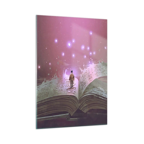 Quadro su vetro - Un libro aperto da cui fluttuano luci e stelle magiche - 50x70cm - Invito ad un altro mondo: leggi! - Decorazione murale moderna per soggiorno e camera da letto ARTTOR