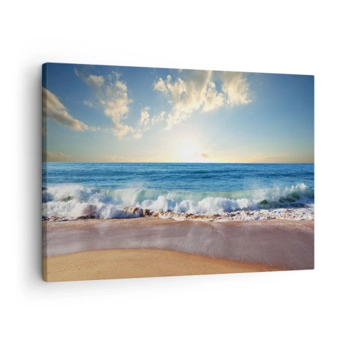 Quadro su tela - Stampe su Tela - Una spiaggia soleggiata con onde che si infrangono sulla riva - 70x50cm - Insieme movimento e immobilità - Decorazione murale moderna per soggiorno e camera da letto ARTTOR
