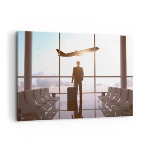 Quadro su tela - Stampe su Tela - Uomo d'affari all'aeroporto con un aereo sullo sfondo - 100x70cm - Hai tempo, rallenta - Decorazione murale moderna per soggiorno e camera da letto ARTTOR
