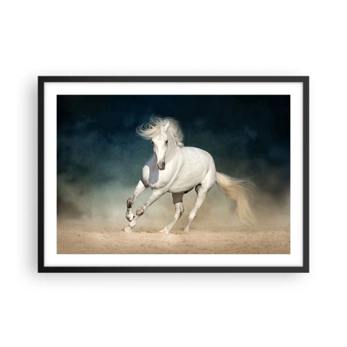 Poster in cornice nera - Un cavallo bianco al galoppo contro un cielo sfocato - 70x50cm - Libertà allo stato puro - Decorazione murale moderna per soggiorno e camera da letto ARTTOR