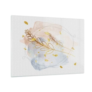 Quadro su vetro - Una delicata composizione con ramoscelli e foglie dorate in acquerello - 70x50cm - Soffio d'oro - Decorazione murale moderna per soggiorno e camera da letto ARTTOR