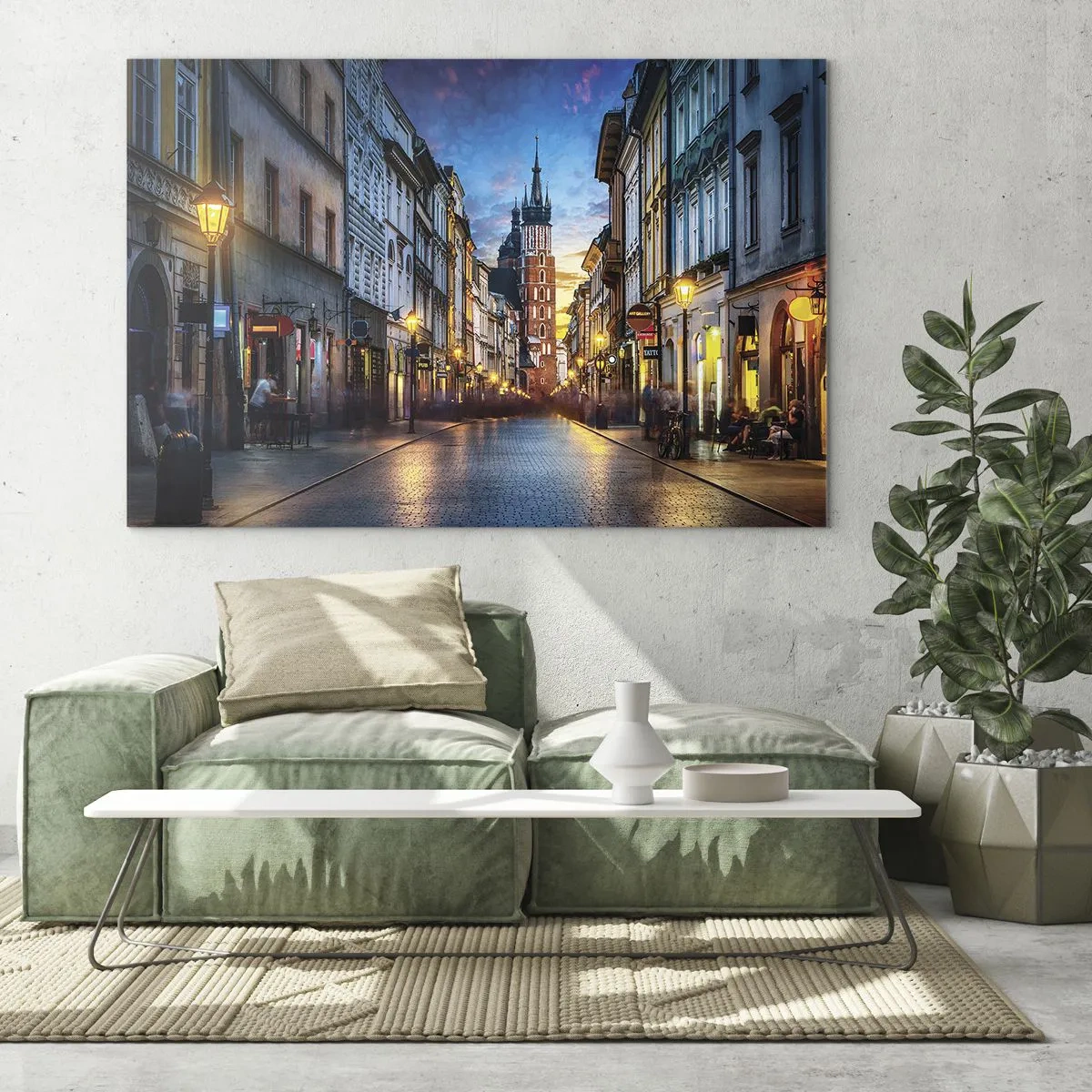 Quadro su vetro - Vista serale del centro storico con la chiesa sullo sfondo - 120x80cm - La magia di Cracovia - Decorazione murale moderna per soggiorno e camera da letto ARTTOR