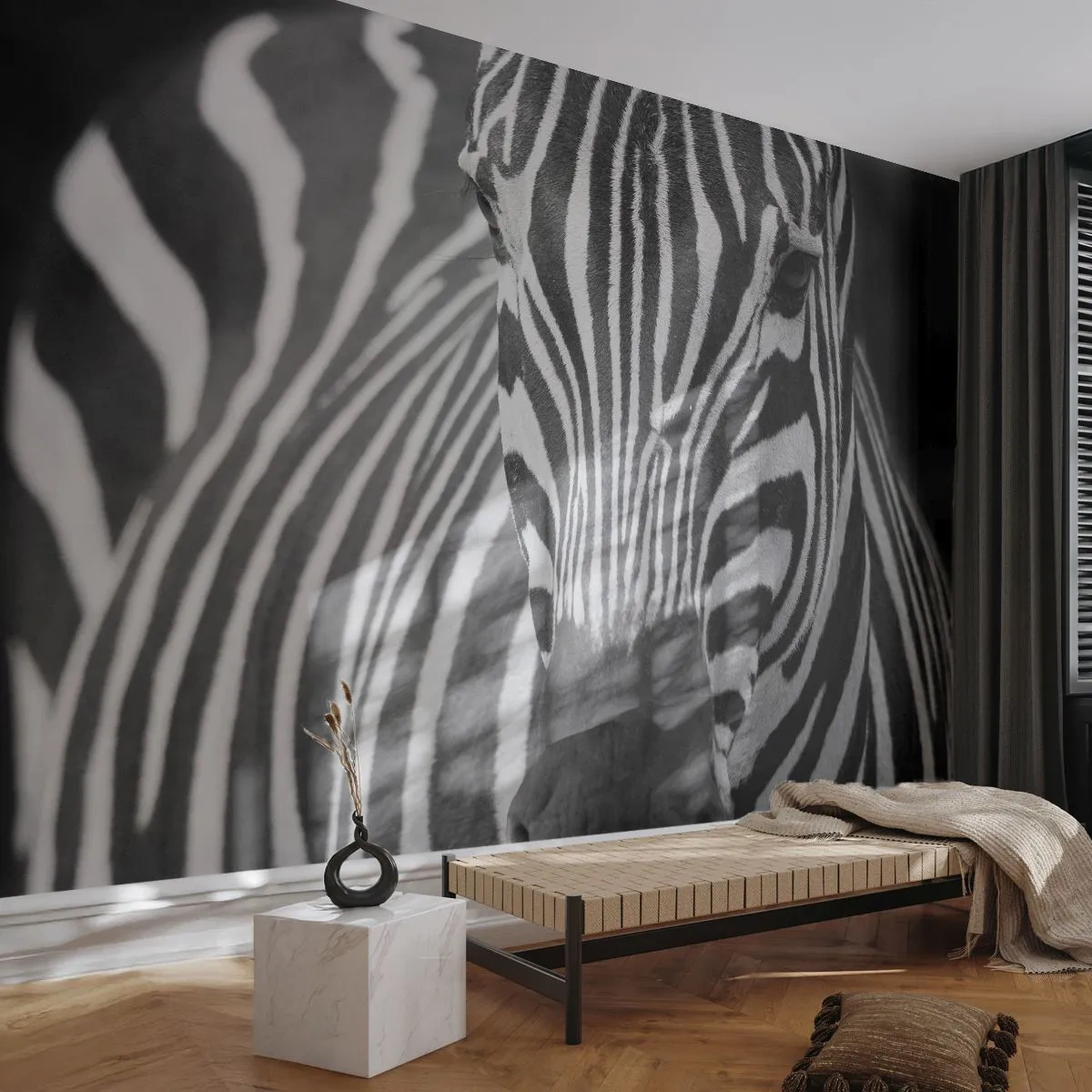 Fotomurali Premium Sand - Primo piano in bianco e nero di una zebra con un caratteristico motivo a strisce. - 100x70cm - Il mondo è in bianco e nero - Decorazione murale moderna per soggiorno e camera da letto ARTTOR