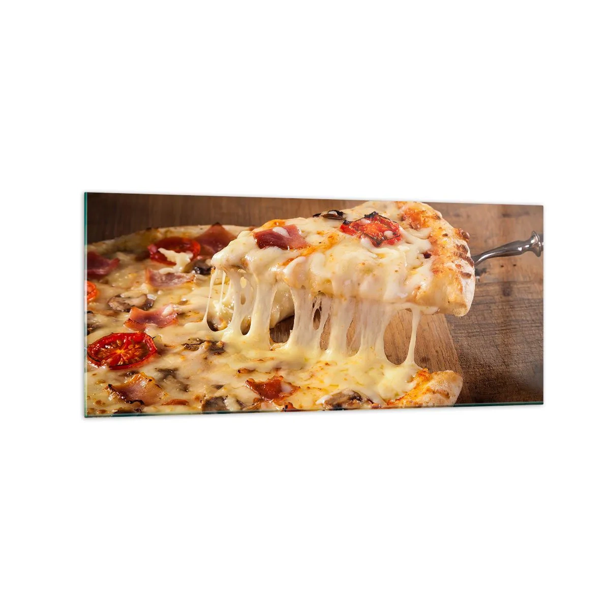 Quadro su vetro - Pizza con formaggio filante - 120x50cm - Capolavoro di arte italiana - Decorazione murale moderna per soggiorno e camera da letto ARTTOR