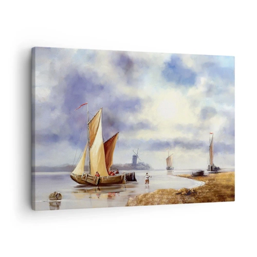 Quadro su tela - Stampe su Tela - Barche a vela su acque calme con mulini a vento sullo sfondo - 70x50cm - Il ritorno dei marinai - Decorazione murale moderna per soggiorno e camera da letto ARTTOR