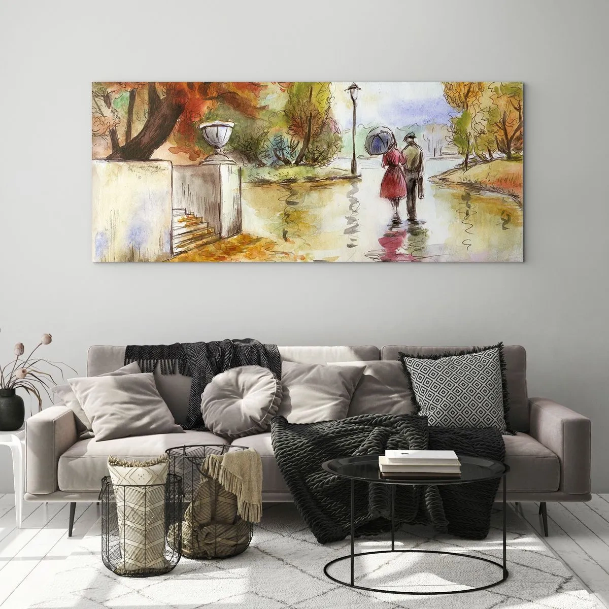 Quadro su vetro - Una passeggiata nel parco autunnale con l'ombrello - 140x50cm - Autunno romantico nel parco - Decorazione murale moderna per soggiorno e camera da letto ARTTOR