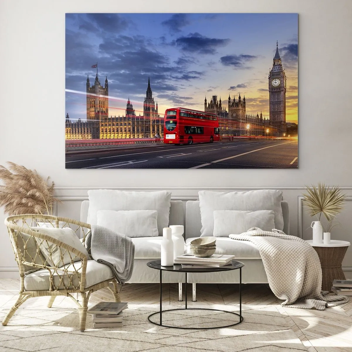 Quadro su vetro - Il Big Ben e l'autobus rosso a Londra al tramonto - 70x50cm - Segni particolari - Decorazione murale moderna per soggiorno e camera da letto ARTTOR
