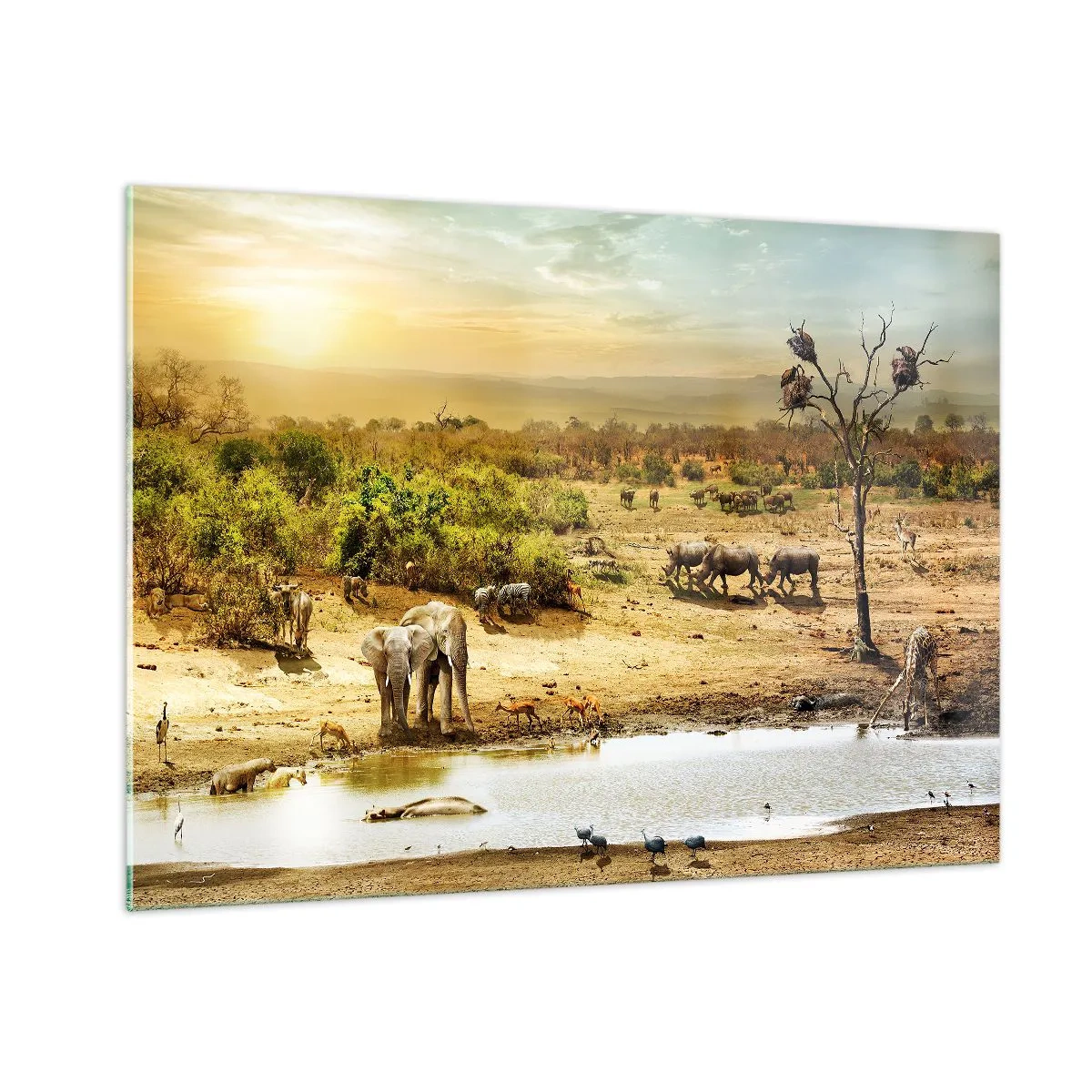 Quadro su vetro - Elefanti e animali in una pozza d'acqua sullo sfondo di un paesaggio africano - 100x70cm - "Un fiume usciva da Eden…" - Decorazione murale moderna per soggiorno e camera da letto ARTTOR