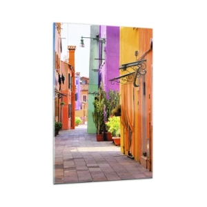 Quadro su vetro - Una strada colorata con case popolari in tonalità chiare - 70x100cm - Angolo multicolore - Decorazione murale moderna per soggiorno e camera da letto ARTTOR