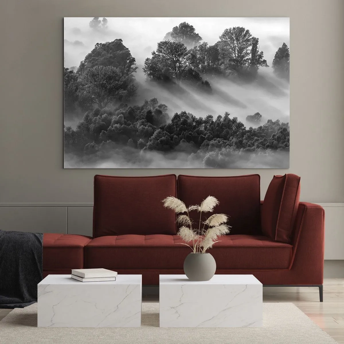Quadro su vetro - Foresta nebbiosa alla luce del sole in bianco e nero - 100x70cm - Risveglio dal sonno - Decorazione murale moderna per soggiorno e camera da letto ARTTOR