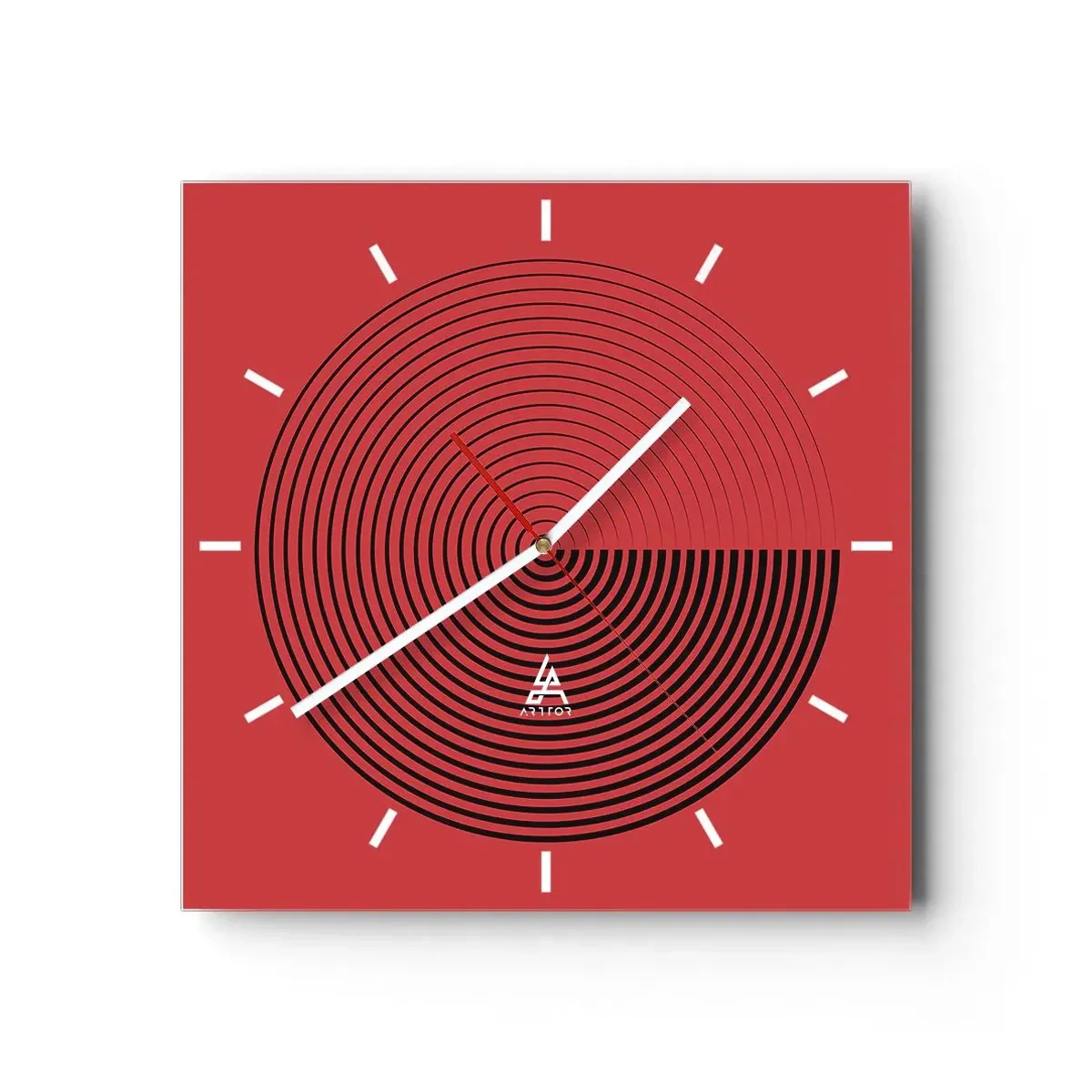 Orologio da parete - Orologio in Vetro - Cerchi concentrici su sfondo rosso - 30x30cm - Movimento circolare - Decorazione murale moderna per soggiorno e camera da letto ARTTOR