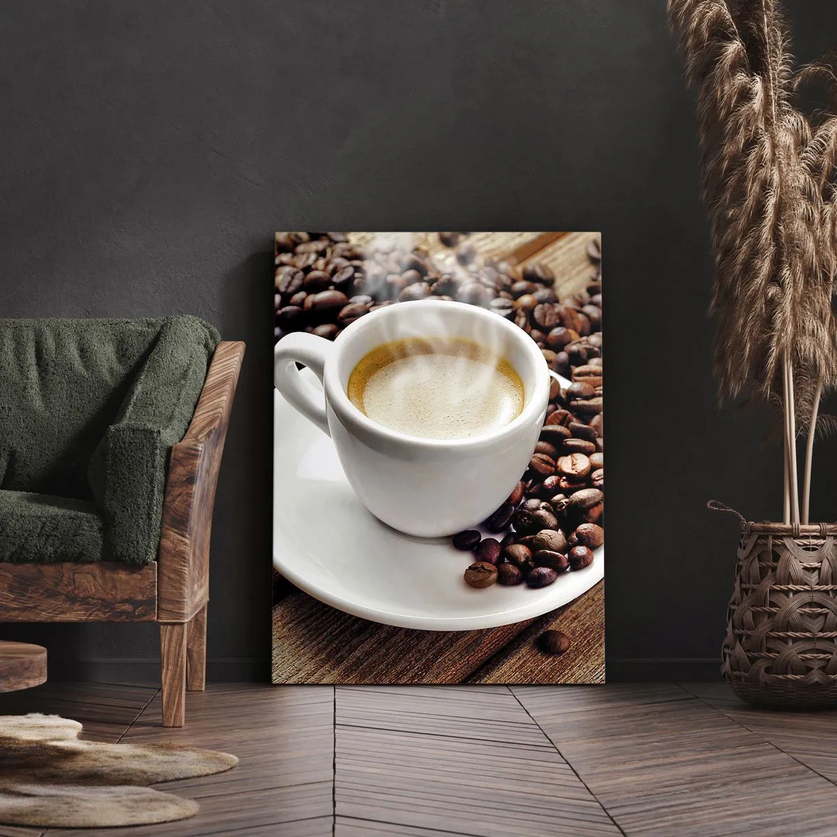 Quadro su tela - Stampe su Tela - Una tazza di caffè aromatico sullo sfondo di chicchi e una foglia - 80x120cm - Il caffè è pronto - Decorazione murale moderna per soggiorno e camera da letto ARTTOR