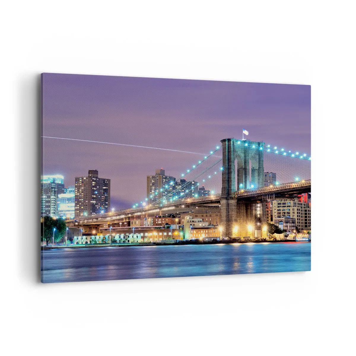 Quadro su tela - Stampe su Tela - Ponte di Brooklyn di notte con la città illuminata sullo sfondo - 100x70cm - Da tanti anni il ponte di Brooklyn - Decorazione murale moderna per soggiorno e camera da letto ARTTOR
