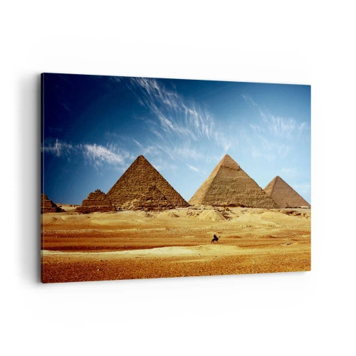 Quadro su tela - Stampe su Tela - Le piramidi di Giza contro un cielo azzurro e un paesaggio desertico - 100x70cm - 40 secoli ci guardano - Decorazione murale moderna per soggiorno e camera da letto ARTTOR