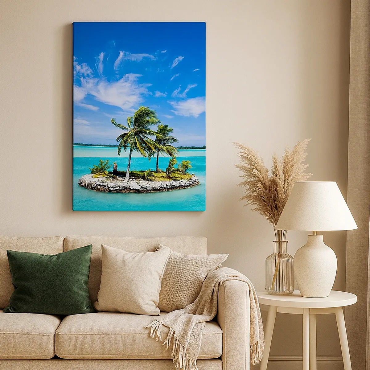 Quadro su tela - Stampe su Tela - Un'isola esotica con palme su acque turchesi - 50x70cm - Paradiso in terra - Decorazione murale moderna per soggiorno e camera da letto ARTTOR