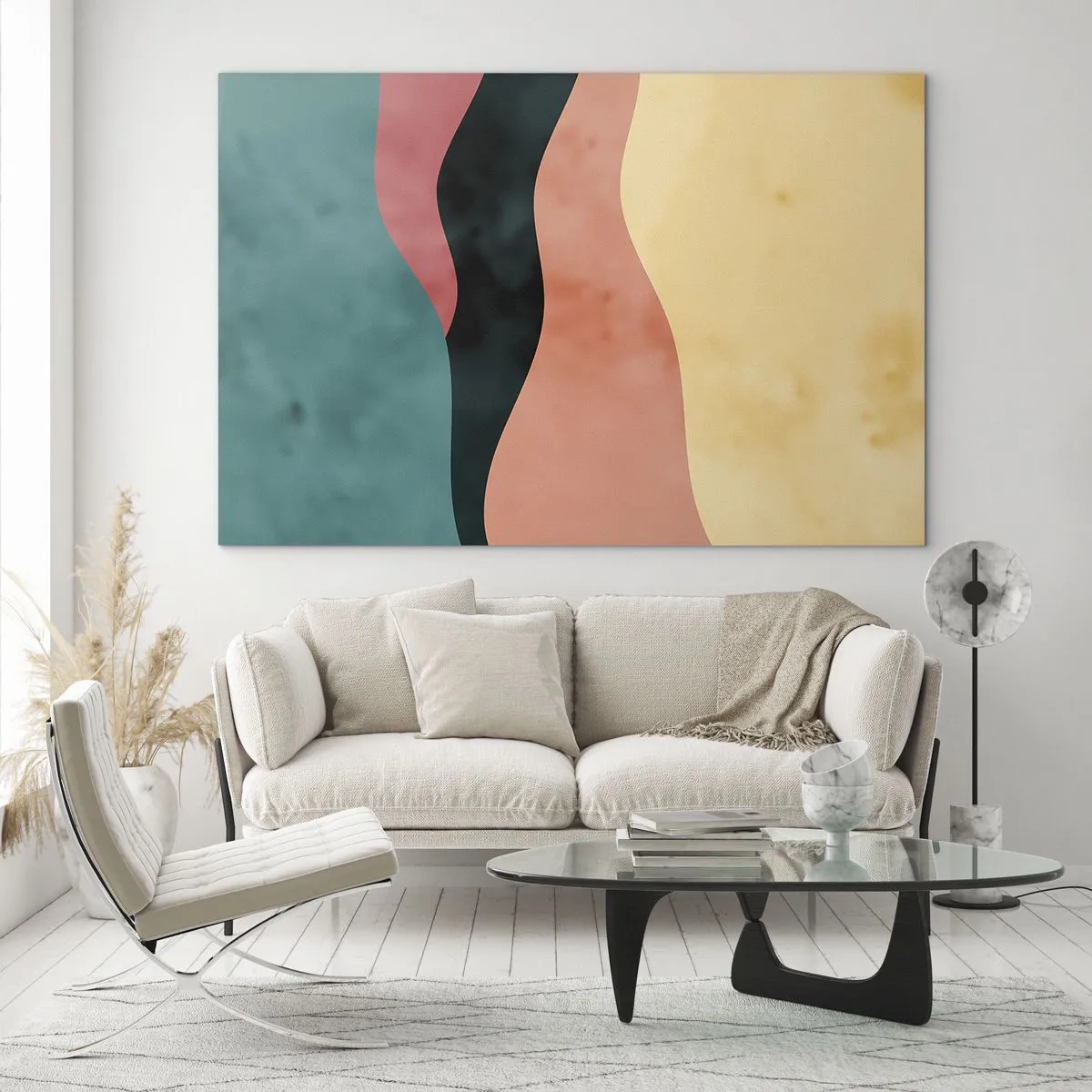 Quadro su vetro - Onde colorate nelle tonalità del verde, rosa, nero e beige - 70x50cm - Difformità conforme - Decorazione murale moderna per soggiorno e camera da letto ARTTOR
