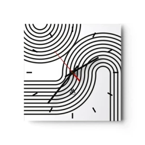Orologio da parete - Orologio in Vetro - Un dipinto astratto con linee nere che creano motivi geometrici su uno sfondo bianco. - 30x30cm - In curva - Decorazione murale moderna per soggiorno e camera da letto ARTTOR