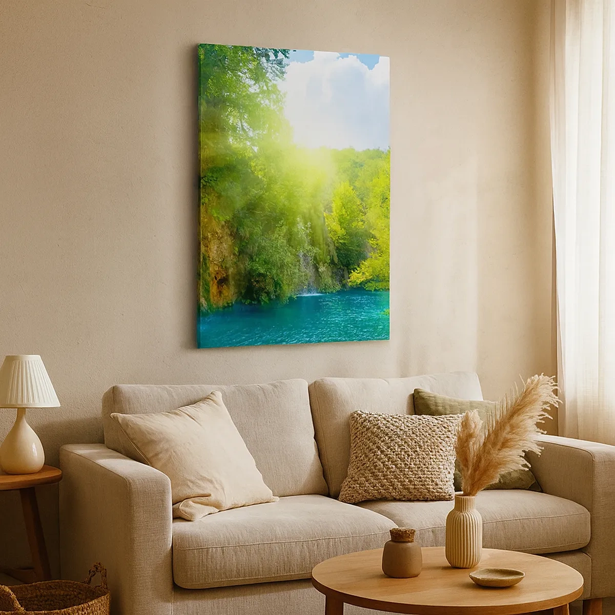 Quadro su tela - Stampe su Tela - Una cascata che sfocia in un lago turchese circondato dal verde - 50x70cm - Così deve essere il paradiso - Decorazione murale moderna per soggiorno e camera da letto ARTTOR