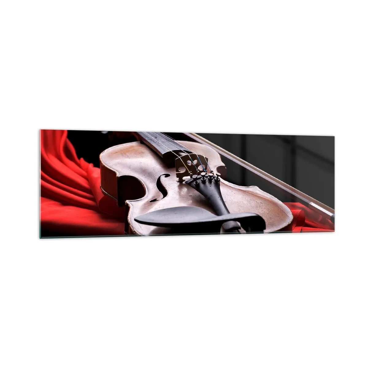 Quadro su vetro - Violino su tessuto rosso con sfondo nero - 160x50cm - La musica dei sentimenti - Decorazione murale moderna per soggiorno e camera da letto ARTTOR