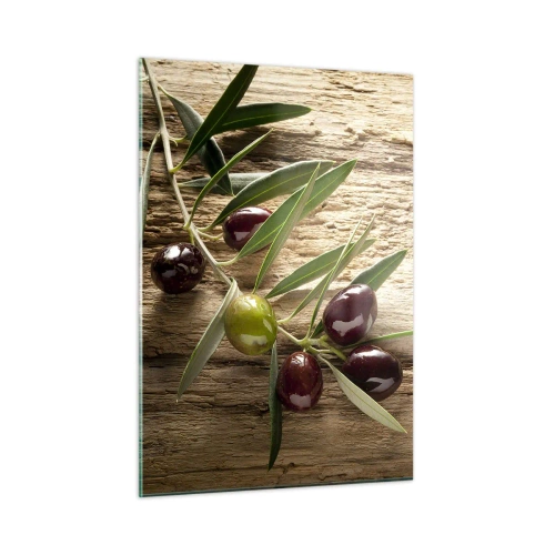 Quadro su vetro - Ramo d'ulivo su uno sfondo di legno - 50x70cm - Direttamente dalla natura - Decorazione murale moderna per soggiorno e camera da letto ARTTOR