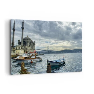 Quadro su tela - Stampe su Tela - Un edificio storico sull'acqua con barche e un ponte sullo sfondo - 120x80cm - Ai confini dei mondi - Decorazione murale moderna per soggiorno e camera da letto ARTTOR