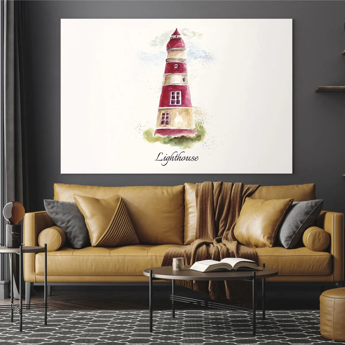 Quadro su vetro - Faro acquerello con la scritta Lighthouse - 70x50cm - Attorno è sempre bel tempo - Decorazione murale moderna per soggiorno e camera da letto ARTTOR
