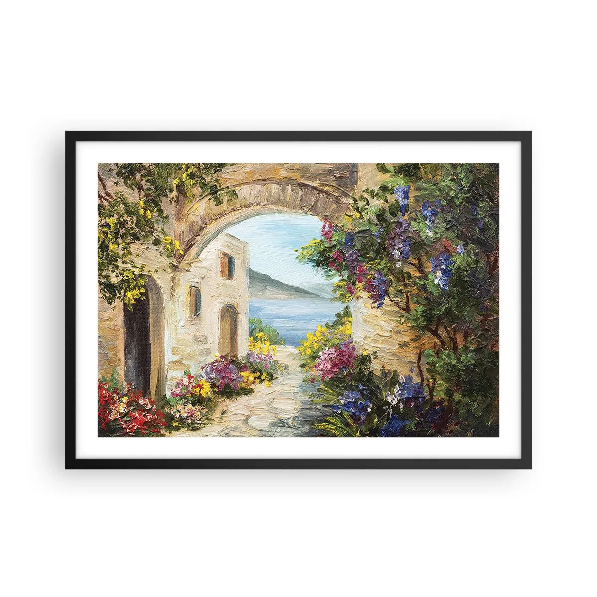 Poster in cornice nera - Paesaggio marino con edifici in pietra e fiori - 70x50cm - La bellezza della provincia costiera - Decorazione murale moderna per soggiorno e camera da letto ARTTOR