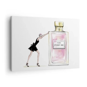 Quadro su tela - Stampe su Tela - Una donna in abito nero accanto a una bottiglia di profumo - 70x50cm - L'essenza della femminilità - Decorazione murale moderna per soggiorno e camera da letto ARTTOR