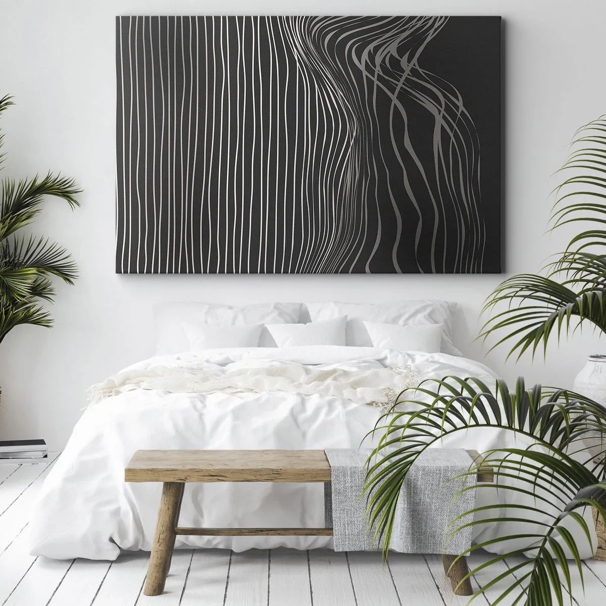 Quadro su tela - Stampe su Tela - Linee bianche su sfondo grigio scuro in una disposizione astratta - 70x50cm - Ritmo e accento - Decorazione murale moderna per soggiorno e camera da letto ARTTOR