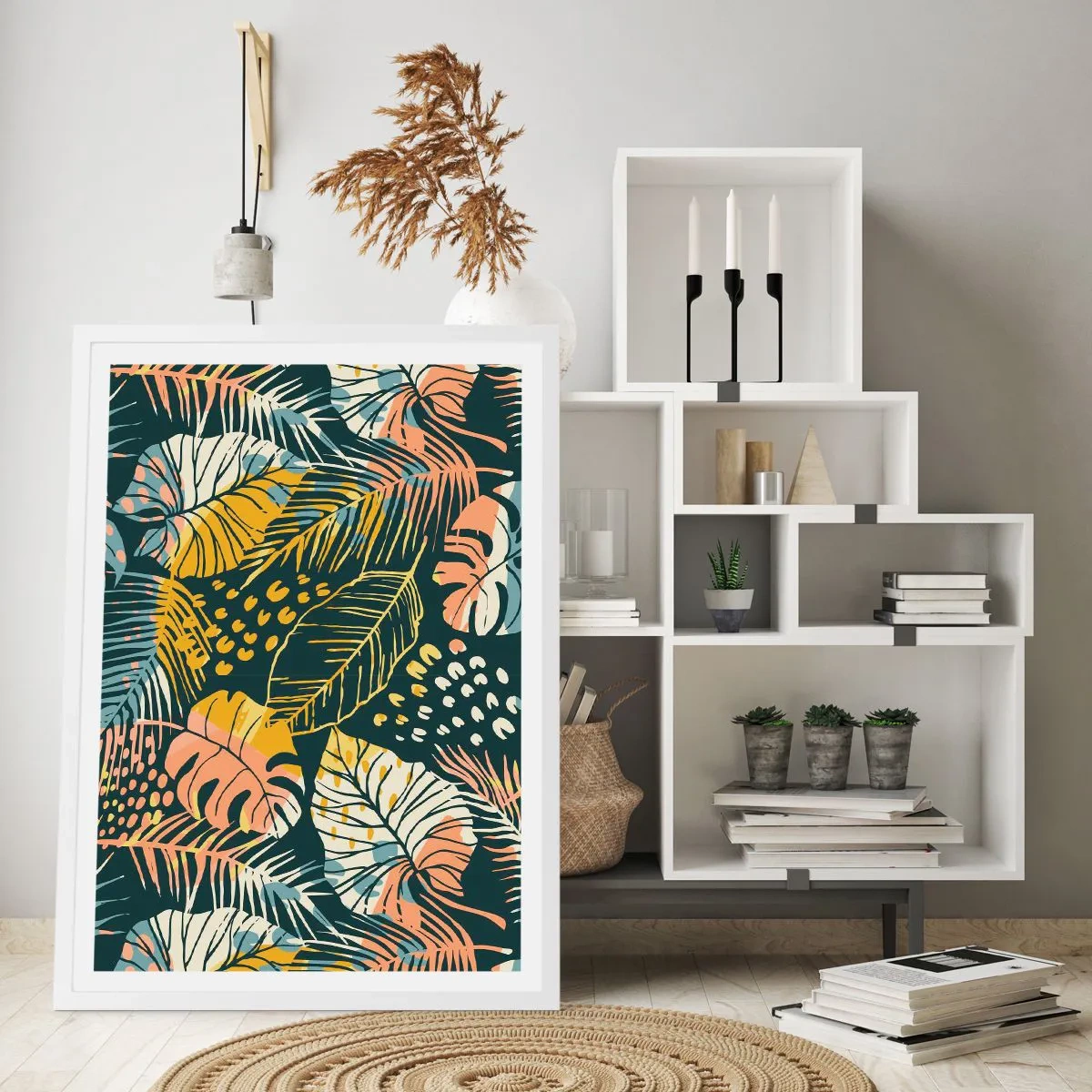 Poster in cornice bianca - Fantasia di foglie - 30x40 cm