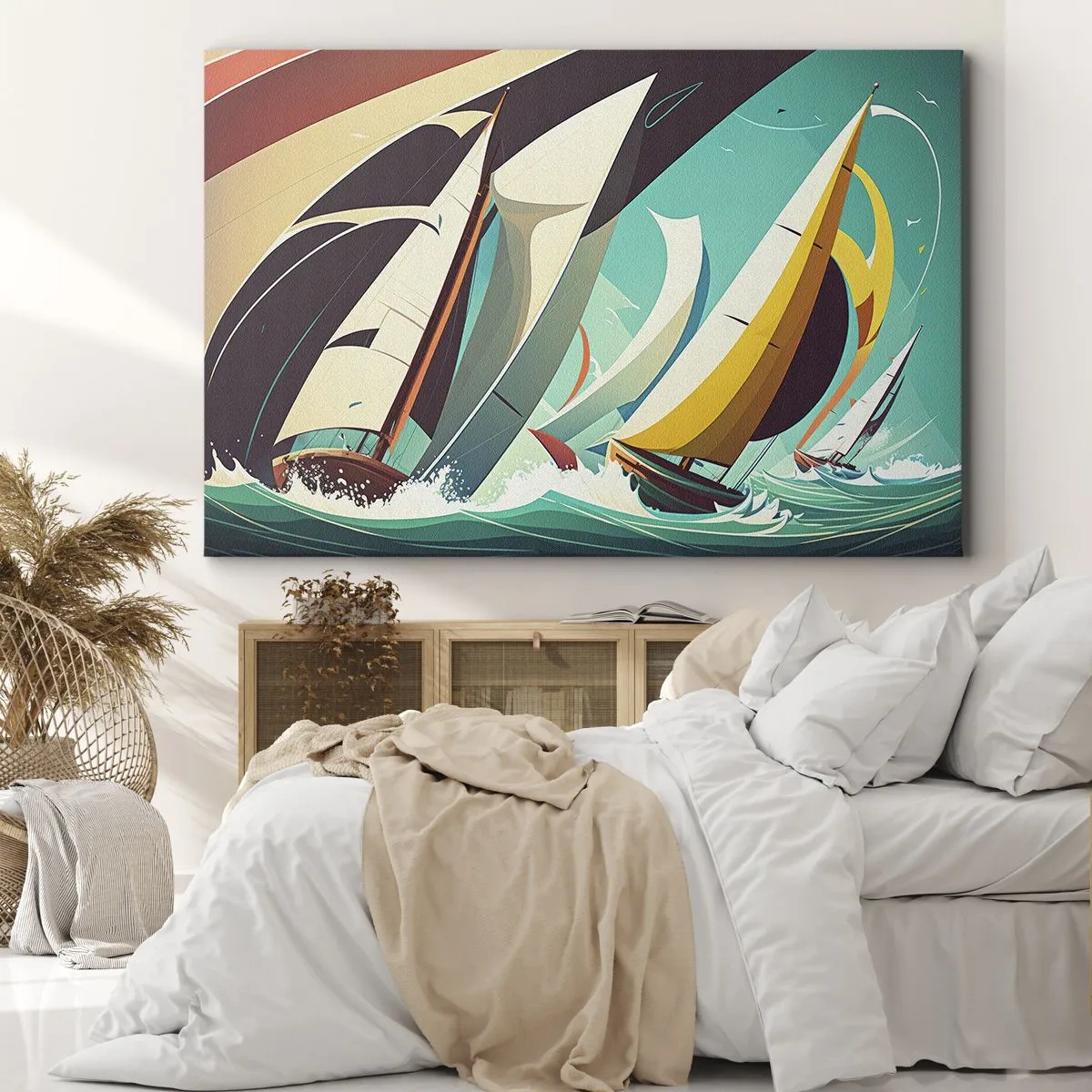 Quadro su tela - Stampe su Tela - Un'illustrazione dinamica di barche a vela in un mare in tempesta. - 70x50cm - Compagne degli elementi - Decorazione murale moderna per soggiorno e camera da letto ARTTOR