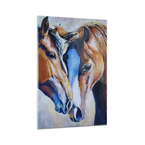 Quadro su vetro - Rappresentazione pittorica di due cavalli in un ambiente amichevole. - 70x100cm - Sarà amicizia o amore? - Decorazione murale moderna per soggiorno e camera da letto ARTTOR