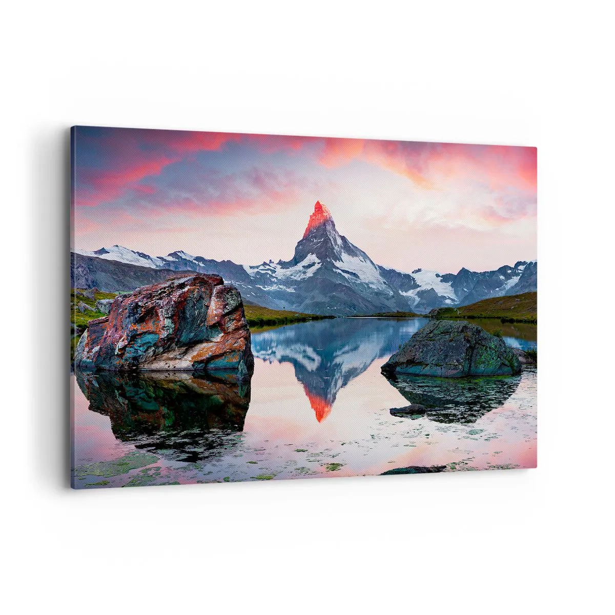 Quadro su tela - Stampe su Tela - Una cima di montagna riflessa in un lago al tramonto - 100x70cm - Il cuore dei monti è rovente - Decorazione murale moderna per soggiorno e camera da letto ARTTOR