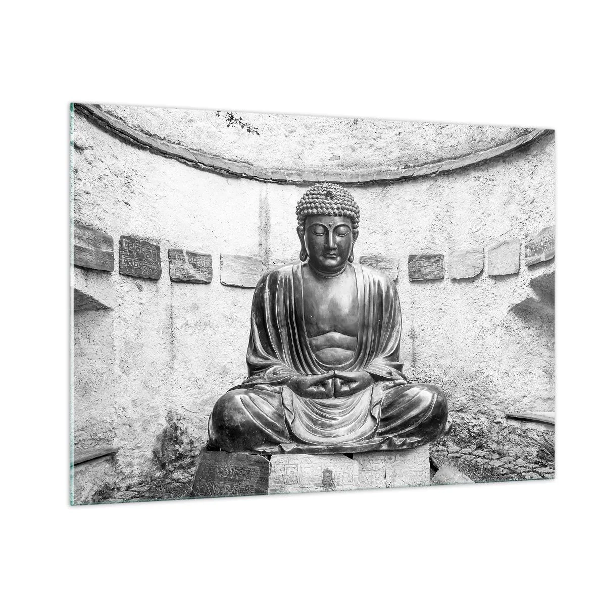 Quadro su vetro - Statua in bianco e nero del Buddha in posa meditativa - 100x70cm - Alla fonte della pace - Decorazione murale moderna per soggiorno e camera da letto ARTTOR