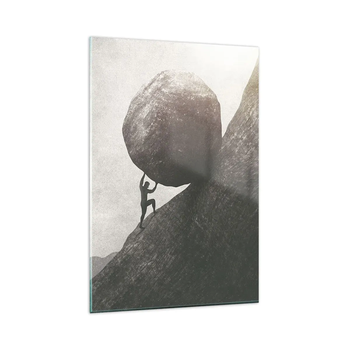 Quadro su vetro - Un uomo che scala un enorme masso su una collina - 80x120cm - Credo contro ogni speranza - Decorazione murale moderna per soggiorno e camera da letto ARTTOR