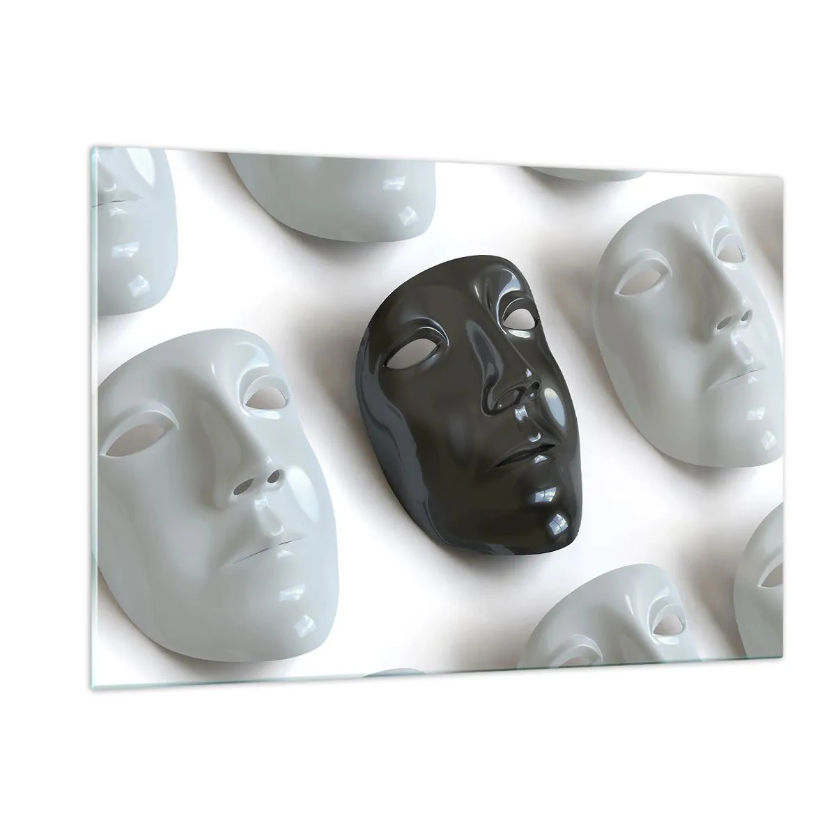 Quadro su vetro - Una maschera in bianco e nero su uno sfondo di maschere bianche su uno sfondo chiaro - 120x80cm - Come distinguersi? - Decorazione murale moderna per soggiorno e camera da letto ARTTOR