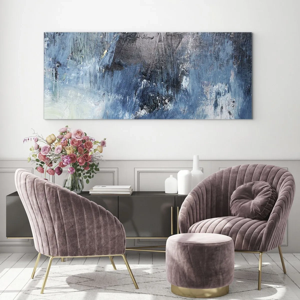 Quadro su vetro - Pennellate astratte in tonalità di blu - 160x50cm - Rapsodia blu - Decorazione murale moderna per soggiorno e camera da letto ARTTOR