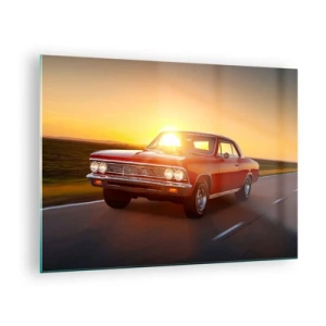 Quadro su vetro - Auto d'epoca rossa contro il sole al tramonto - 70x50cm - Il desiderio è di colore rosso - Decorazione murale moderna per soggiorno e camera da letto ARTTOR