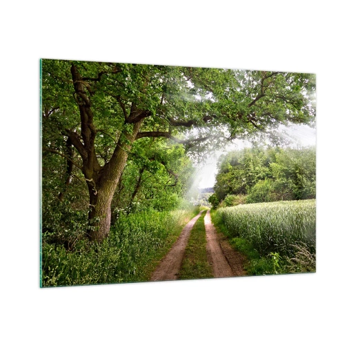 Quadro su vetro - Una strada forestale immersa nel verde sotto i raggi del sole - 100x70cm - Et in Arcadia ego - Decorazione murale moderna per soggiorno e camera da letto ARTTOR