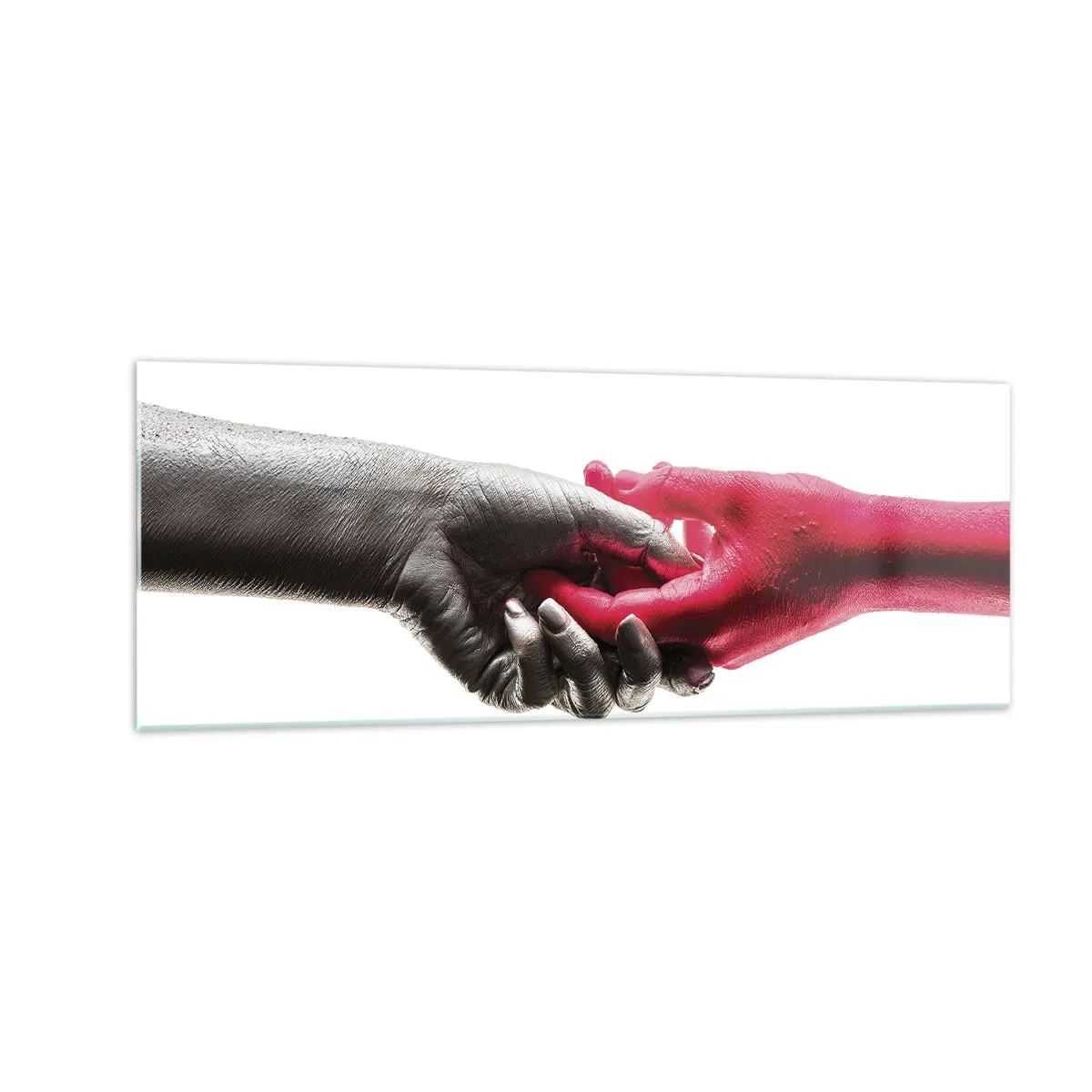 Quadro su vetro - Mani simboliche in argento e rosso - 140x50cm - Insieme, sebbene diversi - Decorazione murale moderna per soggiorno e camera da letto ARTTOR