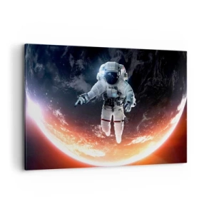 Quadro su tela - Stampe su Tela - Un astronauta che fluttua sopra una Terra illuminata dal sole - 120x80cm - Posso restare ancora un po'? - Decorazione murale moderna per soggiorno e camera da letto ARTTOR