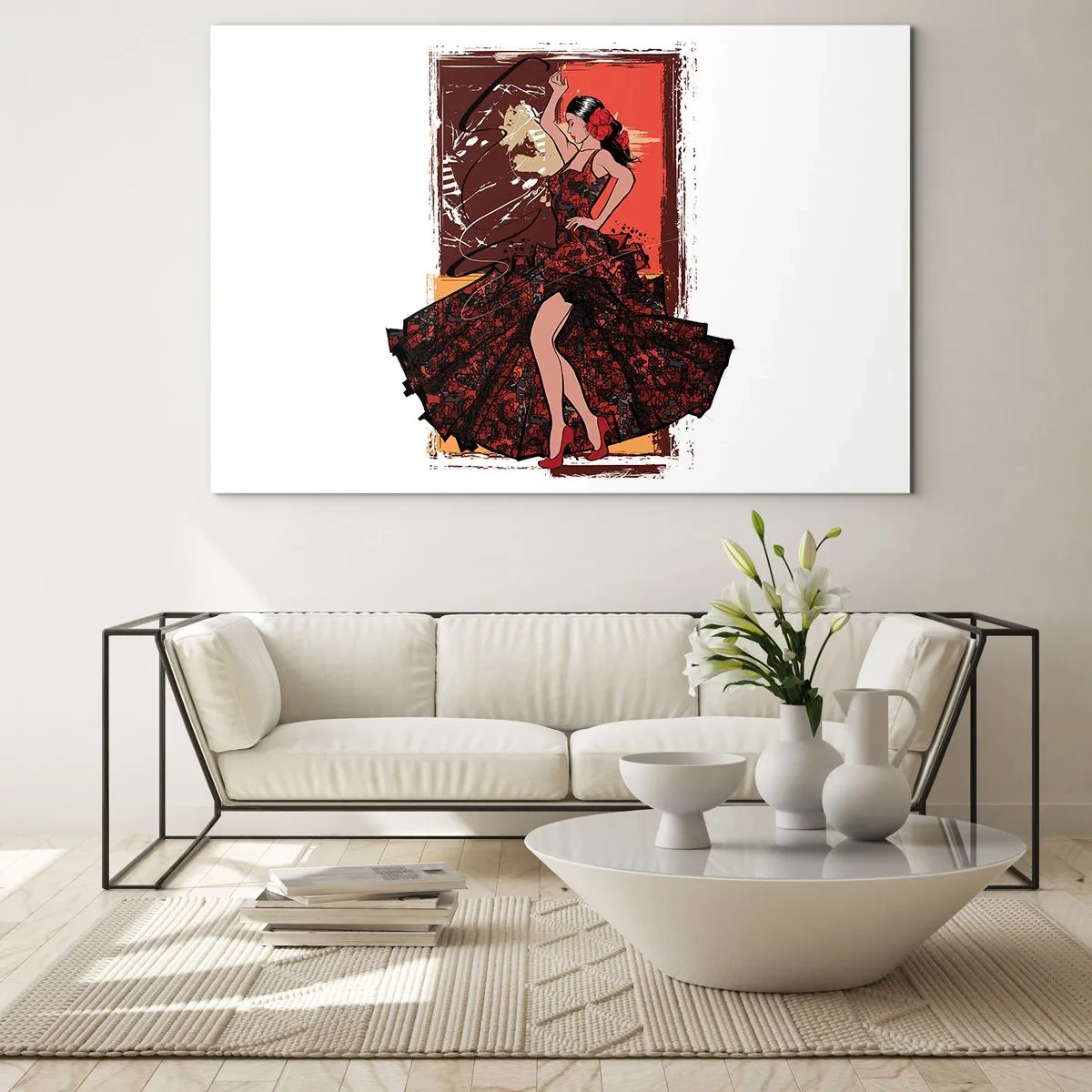Quadro su vetro - Ballerina di flamenco in un elegante abito rosso e nero - 70x50cm - Al ritmo del cuore - Decorazione murale moderna per soggiorno e camera da letto ARTTOR