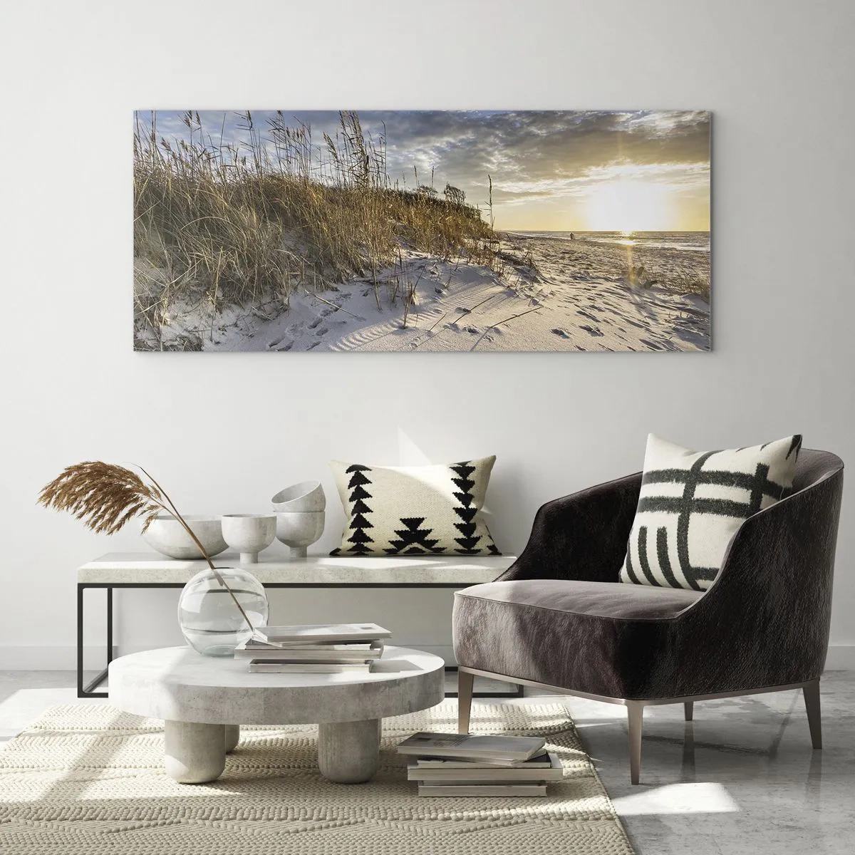 Quadro su vetro - Dune con erba e impronte nella sabbia al tramonto - 120x50cm - Invito a passeggiare - Decorazione murale moderna per soggiorno e camera da letto ARTTOR