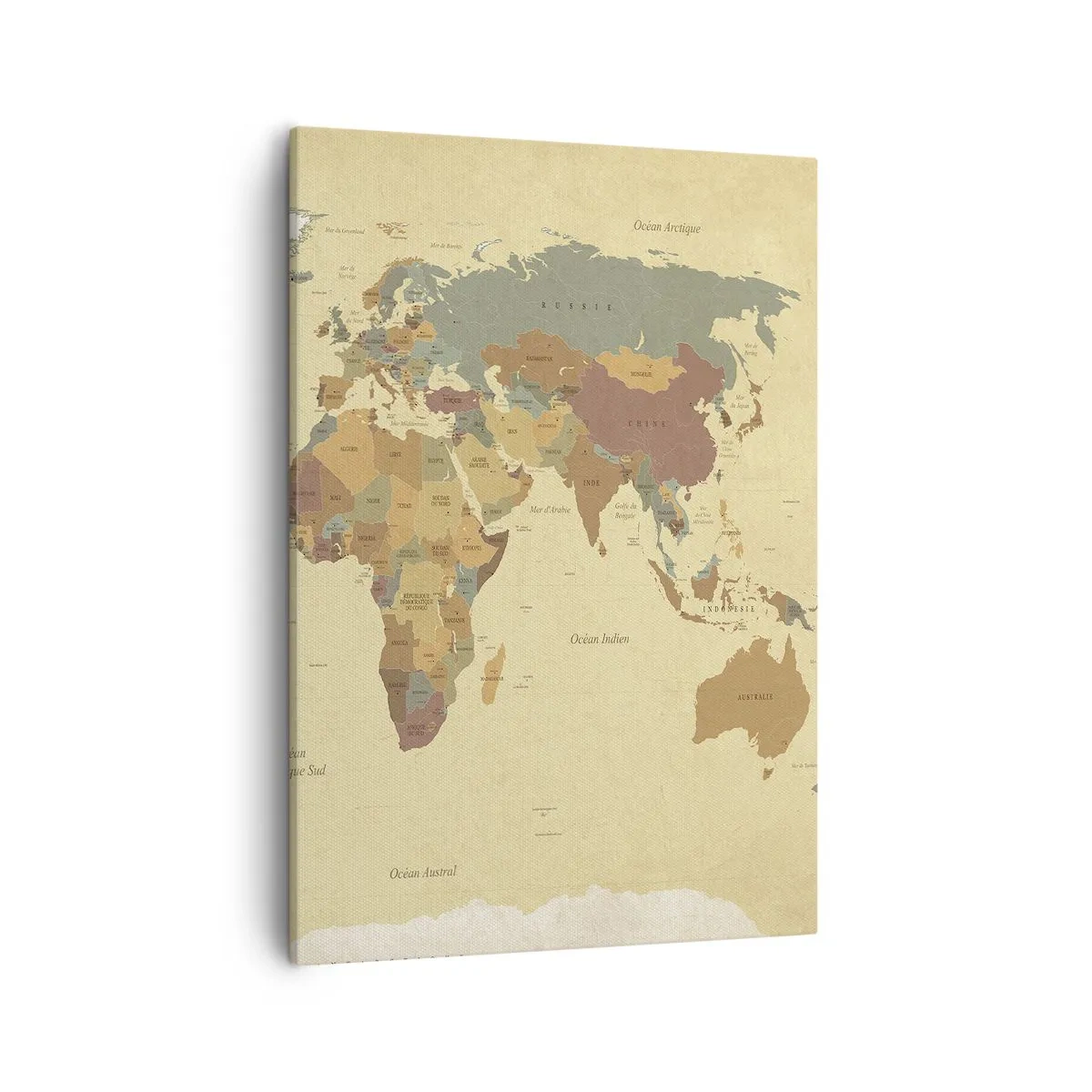 Quadro su tela - Stampe su Tela - Una mappa del mondo stilizzata nei toni del beige e dei colori pastello. - 50x70cm - Per te: tutto il mondo - Decorazione murale moderna per soggiorno e camera da letto ARTTOR