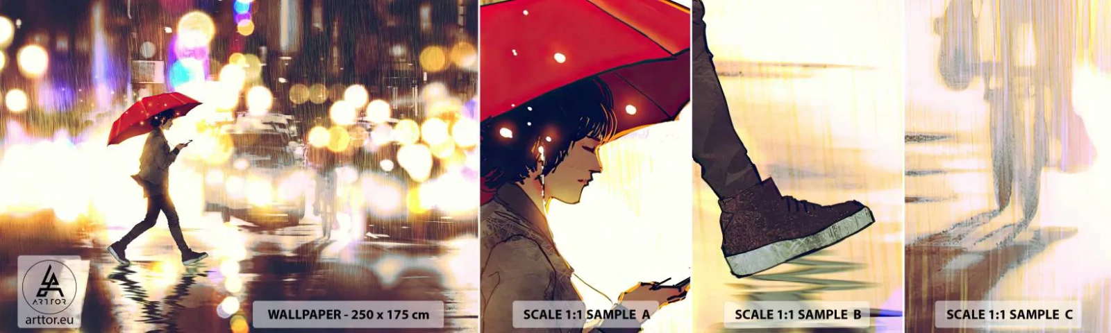 Campione Di Fotomurale Standard Eco - Tuttavia è assolata - Città, Camminare sotto la pioggia, Ombrello - 100x30 cm